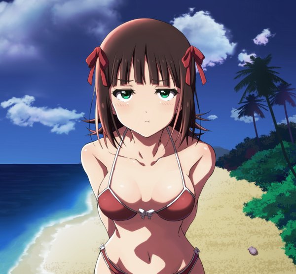 Anime picture 2680x2491 with idolmaster amami haruka rariemonn single looking at viewer highres short hair light erotic brown hair green eyes sky cloud (clouds) beach girl bow swimsuit plant (plants) hair bow bikini tree (trees)