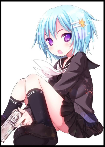 Anime picture 764x1067 with original kiira single tall image blush short hair simple background white background sitting purple eyes blue hair loli border girl uniform hair ornament weapon socks serafuku hairclip