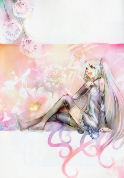 Anime picture 4039x5798 with vocaloid hatsune miku kei (keigarou) single long hair tall image highres open mouth sitting twintails absurdres aqua eyes grey hair singing girl flower (flowers) detached sleeves necktie thigh boots