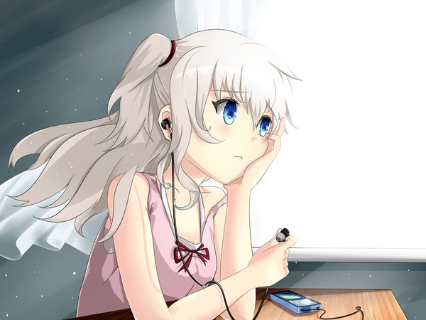 Anime picture 4000x3000 with charlotte p.a. works tomori nao taka (0taka) single long hair blush fringe highres blue eyes hair between eyes bare shoulders holding looking away absurdres silver hair upper body indoors two side up floating hair