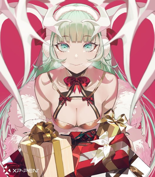 Anime picture 1643x1872 with original salmon88 single long hair tall image looking at viewer fringe breasts light erotic smile large breasts cleavage blunt bangs horn (horns) aqua eyes green hair mole christmas exhalation mole under mouth