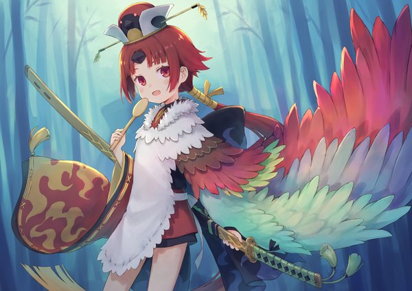 Anime picture 1300x920 with fate (series) fate/grand order benienma (fate/grand order) 104 single long hair looking at viewer open mouth red eyes standing outdoors red hair :d low ponytail bamboo forest girl weapon plant (plants) hat sword
