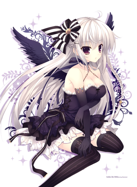Anime picture 3256x4455 with mitha single long hair tall image highres red eyes bare shoulders absurdres white hair transparent background girl thighhighs dress gloves hair ornament wings black gloves elbow gloves striped thighhighs