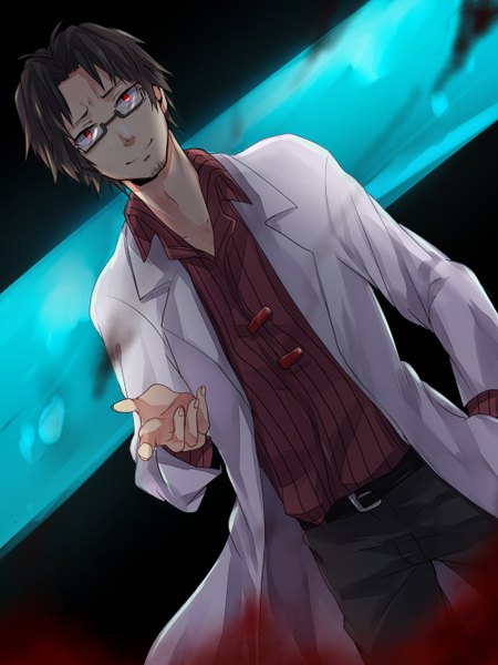 Anime picture 1050x1400 with kagerou project shaft (studio) tateyama kenjirou tomozero single tall image looking at viewer short hair black hair smile red eyes dutch angle outstretched hand boy glasses beard labcoat
