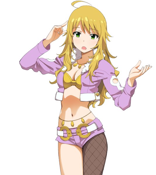 Anime picture 2489x2800 with idolmaster idolmaster (classic) hoshii miki a1 long hair tall image highres open mouth light erotic simple background blonde hair white background green eyes open clothes open jacket midriff pink diamond 765 girl navel shorts