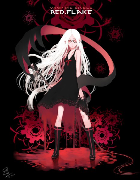 Anime-Bild 1157x1488 mit original salmon88 single long hair tall image looking at viewer simple background red eyes standing bare shoulders white hair girl dress glasses chain microphone stand