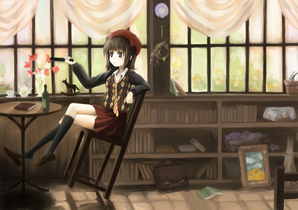 Anime picture 1000x705 with idolmaster idolmaster (classic) amami haruka yakusa blush short hair black hair sitting black eyes college of angel (idolmaster) girl skirt flower (flowers) miniskirt socks window book (books) black socks sweater beret