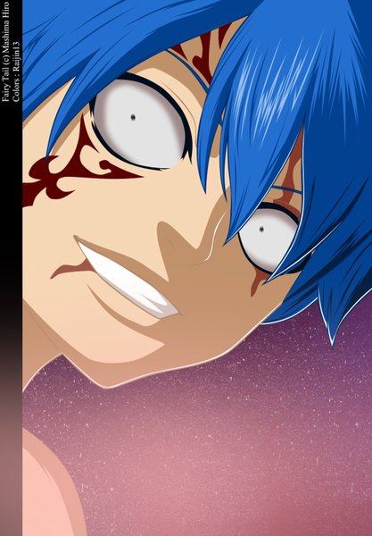 Anime picture 1024x1474 with fairy tail jellal fernandes raijin13 single tall image short hair simple background smile blue hair black eyes tattoo coloring boy blood