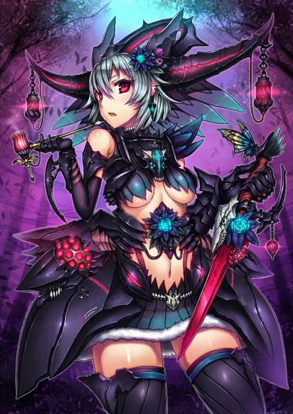 Anime picture 800x1131 with original gia single tall image short hair breasts open mouth light erotic red eyes silver hair horn (horns) girl thighhighs dress gloves navel hair ornament weapon black thighhighs sword
