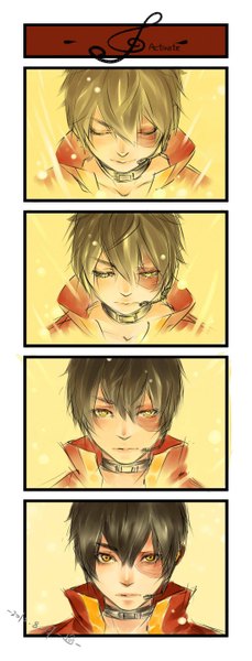 Anime picture 1075x2811 with avatar: the last airbender vocaloid nickelodeon zuko yoku (liuyc) tall image looking at viewer short hair black hair signed eyes closed text looking down scar yellow background parody boy collar microphone