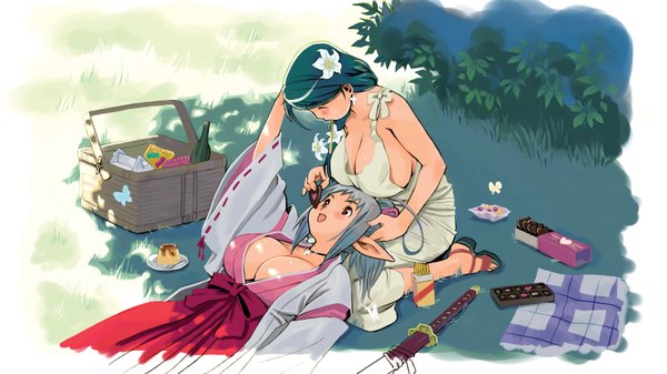 Аниме картинка 3201x1800 с nomura ryouji высокое разрешение лёгкая эротика широкое изображение декольте японская одежда мико