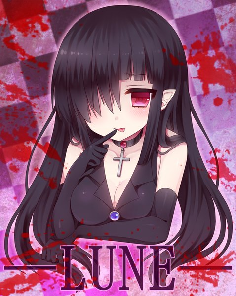 Anime picture 900x1129 with original tsukikage nemu long hair tall image blush fringe black hair red eyes bare shoulders pointy ears hair over one eye finger to mouth girl dress gloves elbow gloves blood