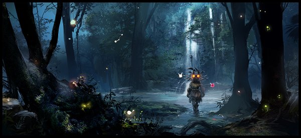 Anime picture 1220x560 with the legend of zelda the legend of zelda: majora's mask skull kid lownine (amuza) wide image scenic waterfall boy gloves plant (plants) tree (trees) water mask forest fireflies