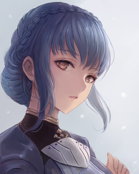 Anime picture 960x1199 with fire emblem fire emblem: three houses nintendo marianne von edmund leonmandala single tall image looking at viewer fringe short hair simple background brown eyes payot blue hair upper body braid (braids) parted lips gradient background portrait shaded face