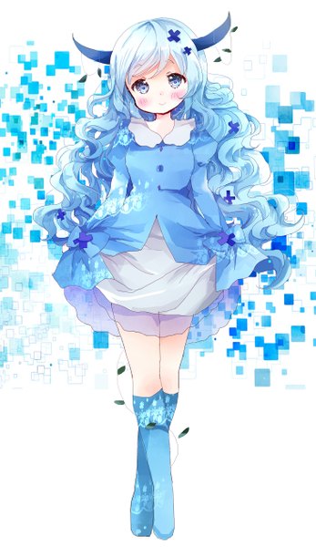 Anime picture 1468x2537 with original tsukiyo (skymint) single long hair tall image looking at viewer blush fringe blue eyes smile standing holding blue hair horn (horns) wavy hair girl dress hair ornament plant (plants) hairclip