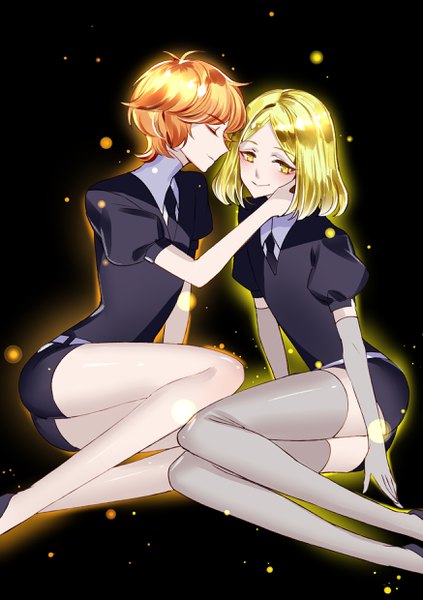 Anime picture 1748x2480 with houseki no kuni yellow diamond (houseki no kuni) zircon (houseki no kuni) melon z tall image highres short hair simple background blonde hair smile sitting yellow eyes eyes closed profile orange hair puffy sleeves black background androgynous hand on another's face thighhighs