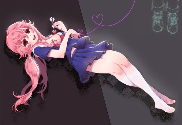 Anime picture 1982x1361 with mirai nikki gasai yuno bittersweet (dalcoms) long hair highres breasts open mouth light erotic smile red eyes twintails pink hair lying barefoot grey background wallpaper legs low twintails heart of string girl
