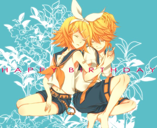 Anime picture 1297x1061 with vocaloid kagamine rin kagamine len macco (artist) short hair open mouth blonde hair sitting ponytail eyes closed barefoot light smile inscription tattoo couple holding hands twins happy birthday brother and sister treble clef