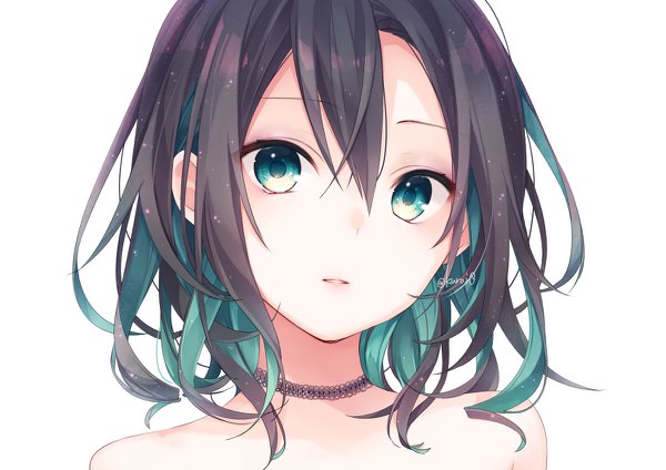 Anime picture 1200x848 with original kuroi (liar-player) single looking at viewer fringe short hair black hair simple background hair between eyes white background signed multicolored hair aqua eyes aqua hair two-tone hair twitter username face colored inner hair girl choker