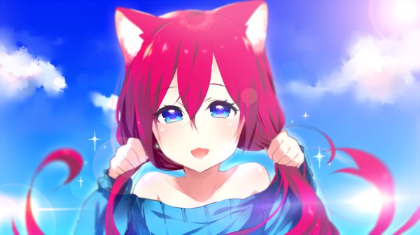 Anime picture 1280x720 with original aoiken single long hair looking at viewer blush fringe open mouth hair between eyes wide image twintails bare shoulders animal ears sky cloud (clouds) upper body red hair :d aqua eyes cat ears