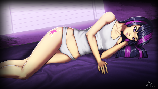Anime picture 4961x2790 with my little pony twilight sparkle deilan12 (artist) single long hair looking at viewer highres light erotic wide image purple eyes absurdres multicolored hair lips two-tone hair tattoo streaked hair legs personification girl underwear