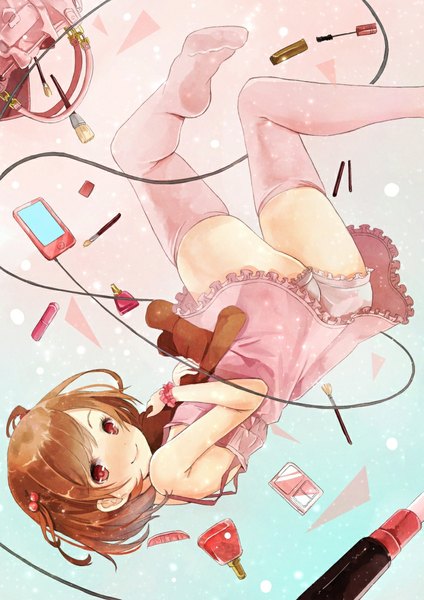 Anime picture 800x1131 with original reio reio single tall image looking at viewer blush short hair light erotic smile red eyes brown hair bare shoulders nail polish looking back no shoes turning head makeup upside down girl thighhighs