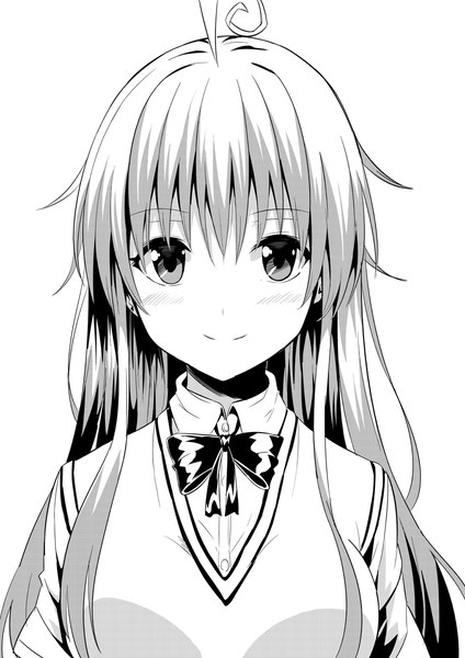Anime picture 848x1200 with nishigori atsushi long hair tall image looking at viewer blush fringe breasts simple background smile large breasts white background monochrome close-up girl bow