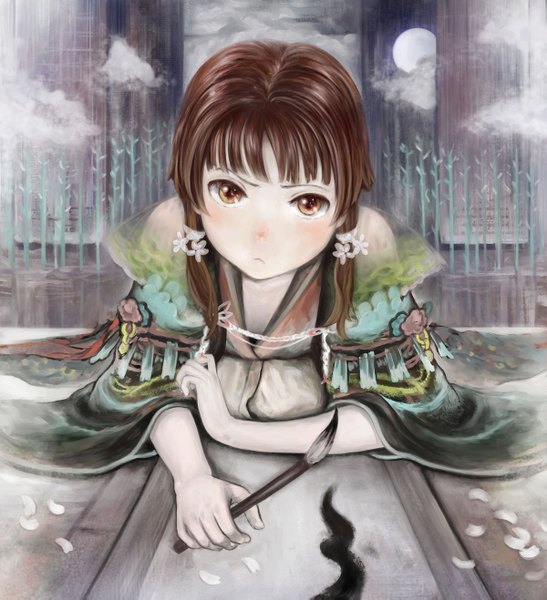 Anime picture 1200x1317 with original apple fox single tall image blush short hair brown hair brown eyes payot long sleeves japanese clothes frown calligraphy girl hair ornament paintbrush calligraphy brush