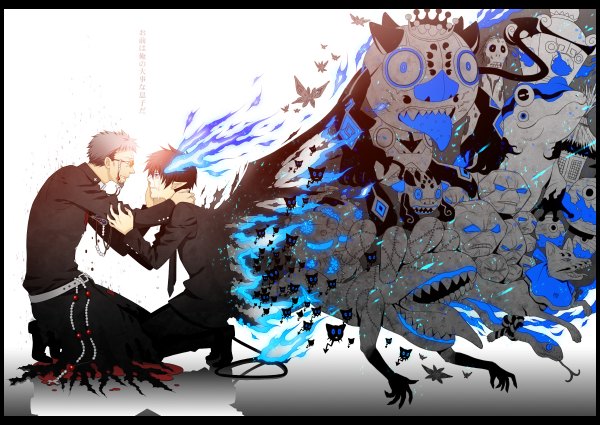 Anime picture 1200x850 with ao no exorcist a-1 pictures okumura rin fujimoto shirou blush short hair blue eyes black hair simple background white background tail profile horn (horns) pointy ears grey hair hug tears reflection demon boy