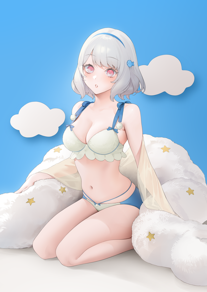 Anime picture 2026x2865 with original nacchan (ohisashiburi) ohisashiburi single tall image looking at viewer blush fringe highres short hair breasts light erotic simple background large breasts sitting cleavage full body white hair parted lips pink eyes