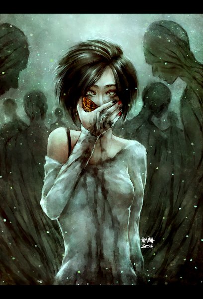 Anime picture 850x1250 with original nanfe tall image looking at viewer short hair black hair signed nail polish multiple boys snowing letterboxed eating covering silver eyes blood on face silhouette bloody clothes cat eyes covering face 2014