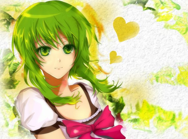 Anime picture 1686x1247 with vocaloid gumi velia (artist) velia (pixiv) short hair green eyes green hair girl bow heart