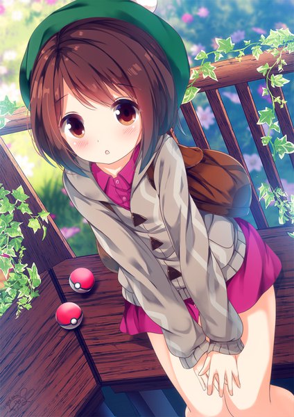 Anime picture 1060x1500 with pokemon pokemon (game) pokemon swsh nintendo gloria (pokemon) chinomaron single tall image looking at viewer blush fringe short hair hair between eyes brown hair sitting brown eyes outdoors :o thighs girl