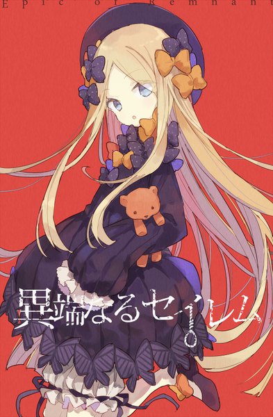 Anime picture 525x800 with fate (series) fate/grand order abigail williams (fate) mizumizu (phoenix) single long hair tall image looking at viewer fringe open mouth blue eyes simple background blonde hair holding payot :o floating hair text hieroglyph red background