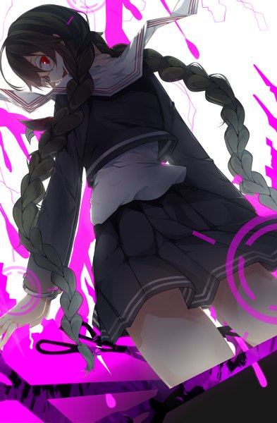 Anime picture 1000x1525 with dangan ronpa fukawa touko genocider syo benio (dontsugel) single long hair tall image looking at viewer fringe open mouth smile red eyes brown hair standing ahoge braid (braids) pleated skirt looking back wind from behind