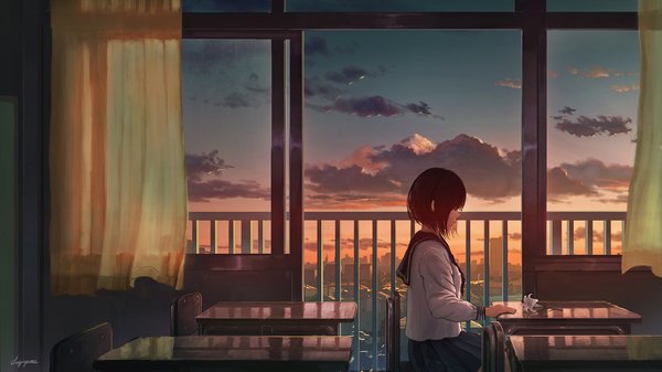 Anime picture 1920x1080 with original sugi87 single fringe highres short hair black hair wide image sitting signed sky cloud (clouds) indoors long sleeves profile pleated skirt wallpaper city evening classroom