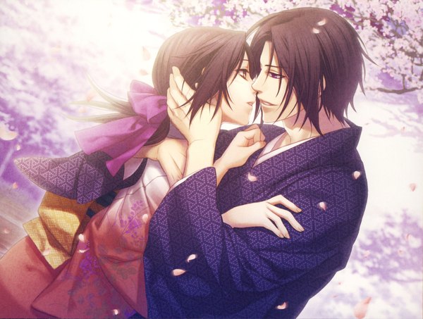 Anime picture 1853x1400 with hakuouki shinsengumi kitan studio deen chizuru yukimura highres brown hair purple eyes traditional clothes couple almost kiss girl boy bow hair bow petals