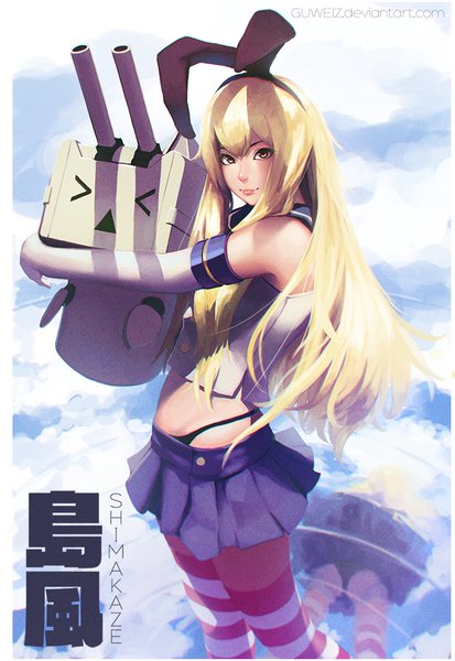 Anime picture 689x1000 with kantai collection shimakaze destroyer rensouhou-chan guweiz single long hair tall image looking at viewer fringe light erotic blonde hair yellow eyes light smile lips girl thighhighs skirt gloves underwear panties
