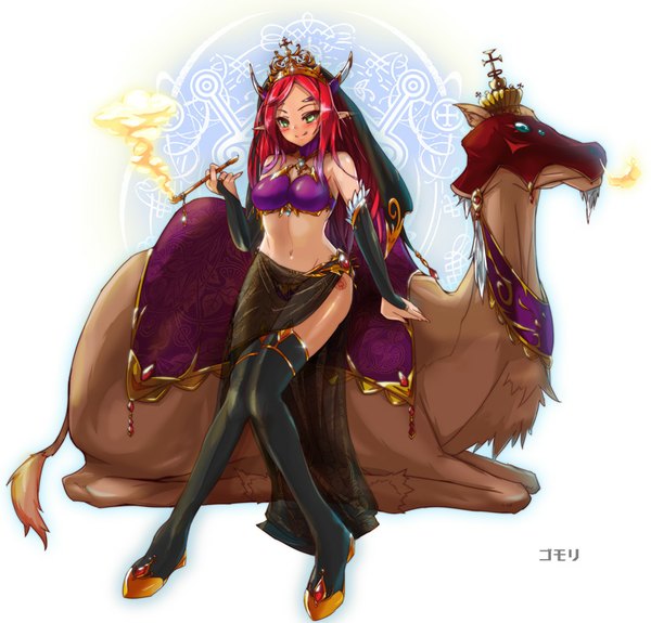 Anime picture 834x800 with original rocknroll (artist) single long hair looking at viewer blush breasts light erotic smile green eyes red hair traditional clothes pointy ears bare belly midriff smoke girl navel animal tongue