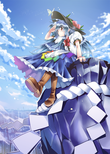Anime picture 1094x1530 with touhou hinanawi tenshi koinohito (artist) single long hair tall image red eyes sitting blue hair cloud (clouds) girl dress hat boots insect butterfly