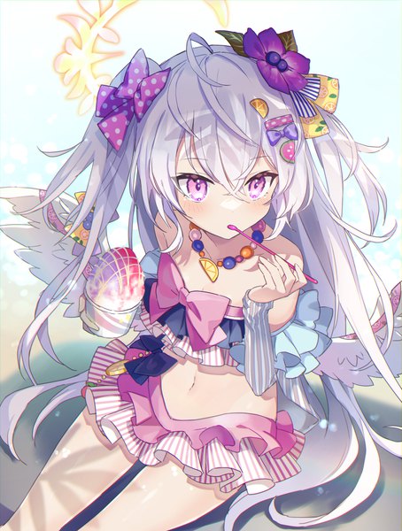 Anime picture 2109x2790 with blue archive azusa (blue archive) azusa (swimsuit) (blue archive) poncho (31103105) single long hair tall image fringe highres hair between eyes sitting purple eyes holding looking away silver hair ahoge two side up official alternate costume white wings girl