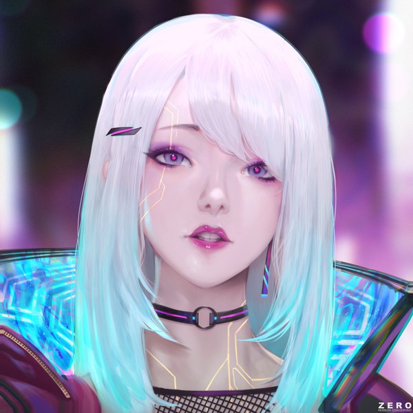 Anime picture 4000x4000 with original paul (shiramune) single long hair looking at viewer fringe highres purple eyes signed absurdres silver hair upper body parted lips lips realistic teeth lipstick eyeshadow pink lipstick popped collar