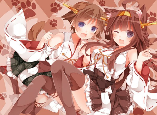 Anime picture 1000x736 with kantai collection kongou battleship hiei battleship mog (artist) long hair looking at viewer blush short hair open mouth smile brown hair purple eyes bare shoulders multiple girls animal ears ahoge tail traditional clothes japanese clothes animal tail