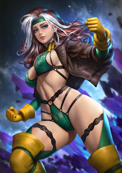 Anime picture 2480x3508 with x-men marvel comics rogue (x-men) nudtawut thongmai single long hair tall image looking at viewer highres breasts light erotic brown hair large breasts standing green eyes bent knee (knees) white hair multicolored hair lips realistic