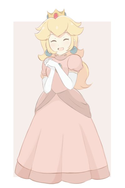 Anime picture 688x1032 with super mario bros. princess peach chocomiru single long hair tall image fringe open mouth simple background blonde hair smile standing full body eyes closed border ^ ^ outside border interlocked fingers ^o^ girl