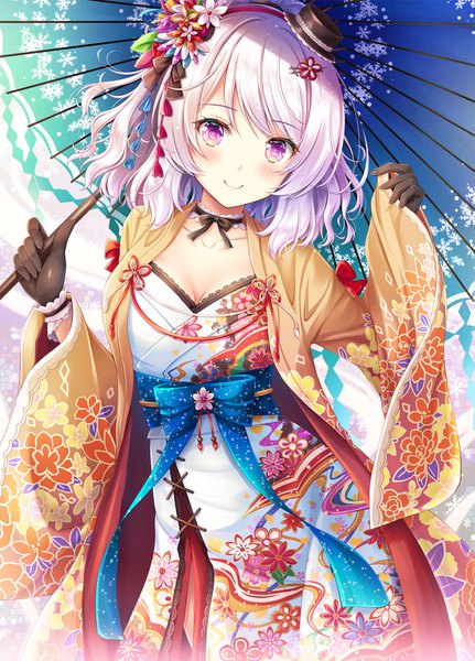 Anime picture 1100x1530 with original akashio (loli ace) single tall image looking at viewer blush fringe short hair breasts smile hair between eyes standing purple eyes holding cleavage silver hair traditional clothes head tilt japanese clothes hair flower