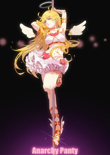 Anime-Bild 1181x1670 mit panty & stocking with garterbelt anarchy panty tss-mire single long hair tall image blue eyes blonde hair looking away full body arms up sparkle midriff character names turning head pole dancing girl wings heart halo