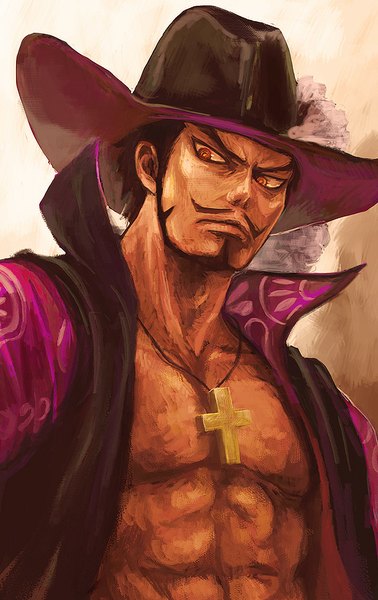 Anime picture 589x933 with one piece toei animation dracule mihawk tsuyomaru single tall image short hair black hair simple background looking away open clothes orange eyes muscle boy hat feather (feathers) cross beard cross necklace mustache