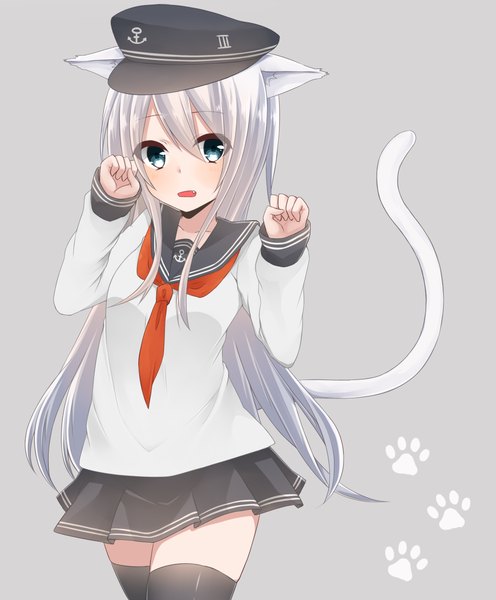 Anime picture 1200x1450 with kantai collection hibiki destroyer akky (akimi1127) single long hair tall image blush open mouth blue eyes simple background animal ears white hair tail animal tail pleated skirt cat ears grey background cat tail kemonomimi mode paw pose