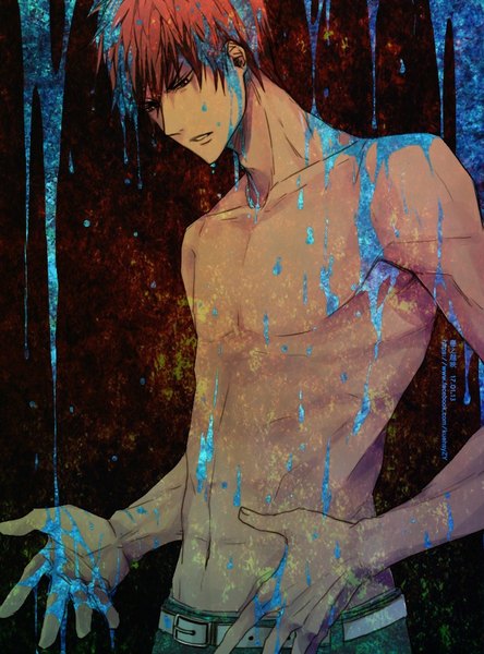Anime picture 830x1120 with kuroko no basket production i.g kagami taiga kuehsy single tall image short hair open mouth light erotic red hair alternate costume looking down muscle shirtless boy navel belt